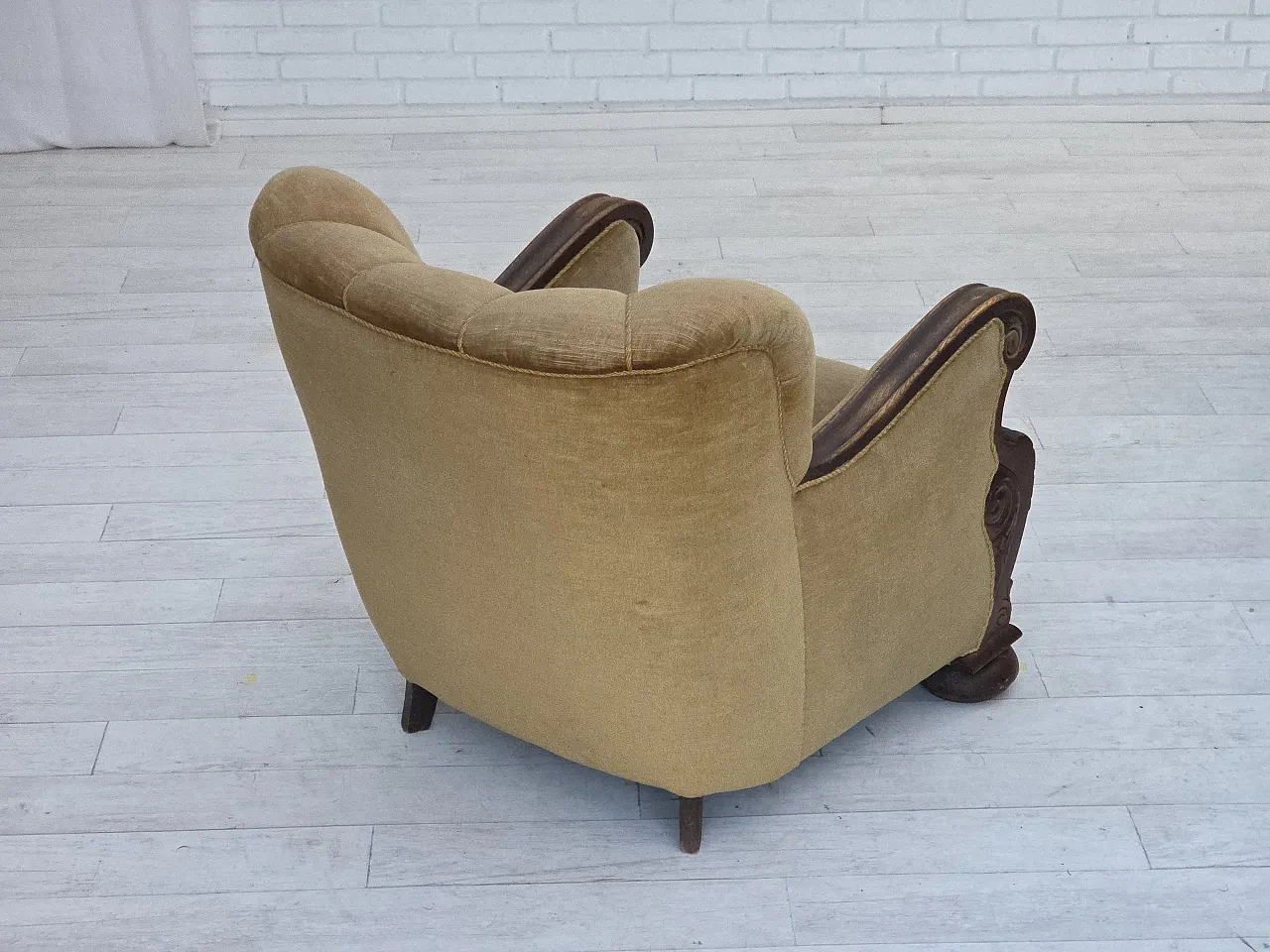 Danish armchair, green velour, carved oak wood, 1960s 12