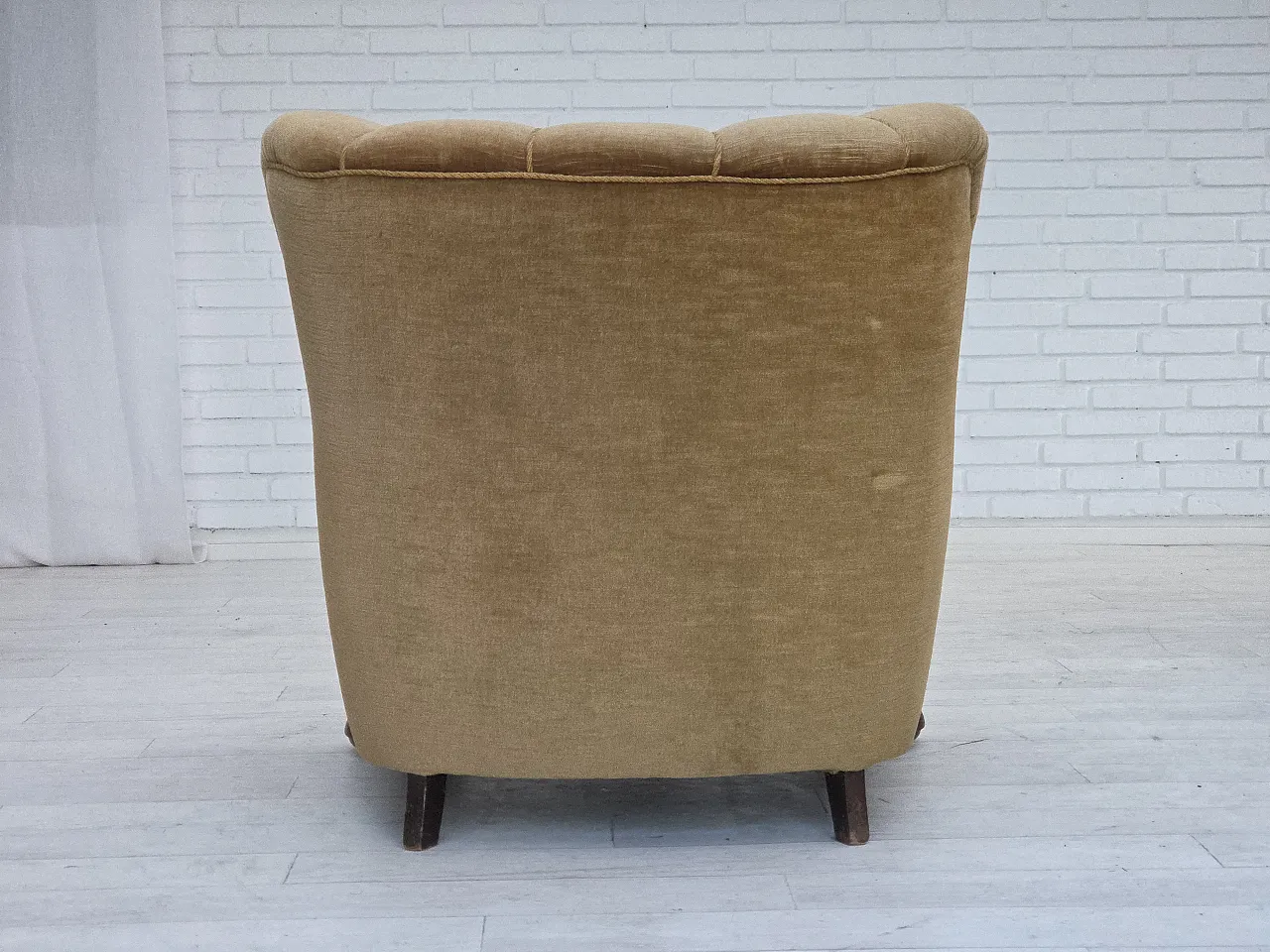 Danish armchair, green velour, carved oak wood, 1960s 13