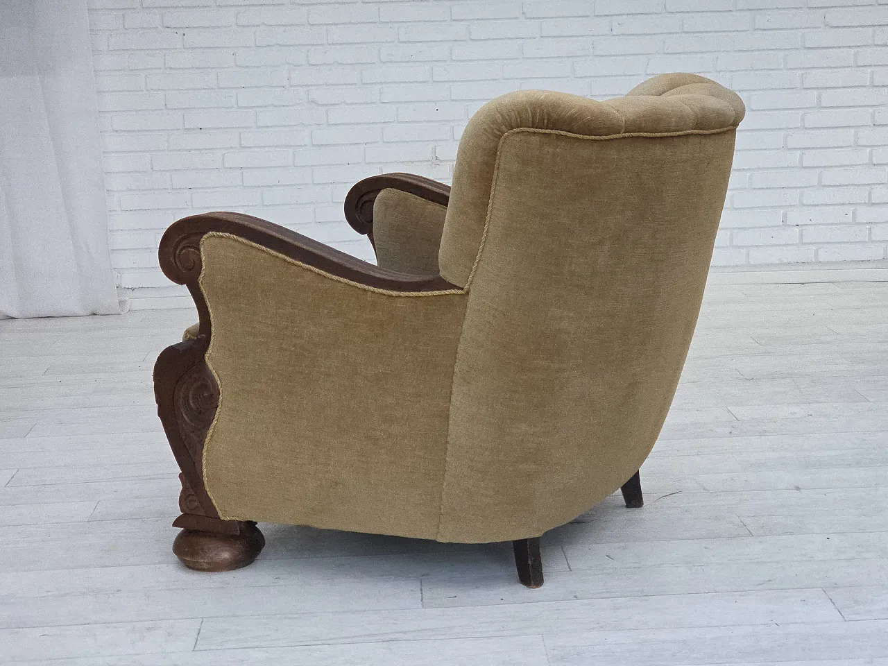 Danish armchair, green velour, carved oak wood, 1960s 14