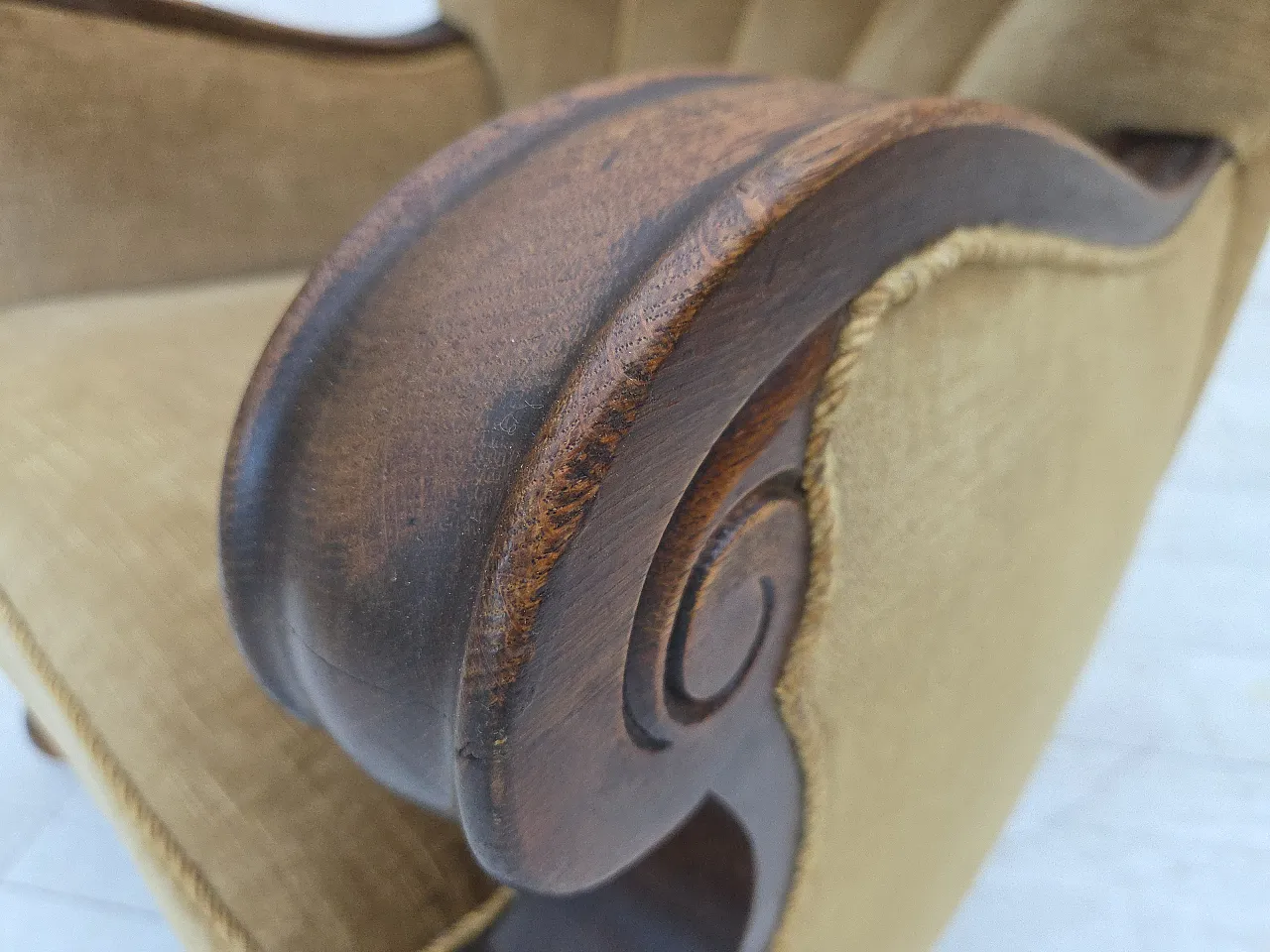 Danish armchair, green velour, carved oak wood, 1960s 15