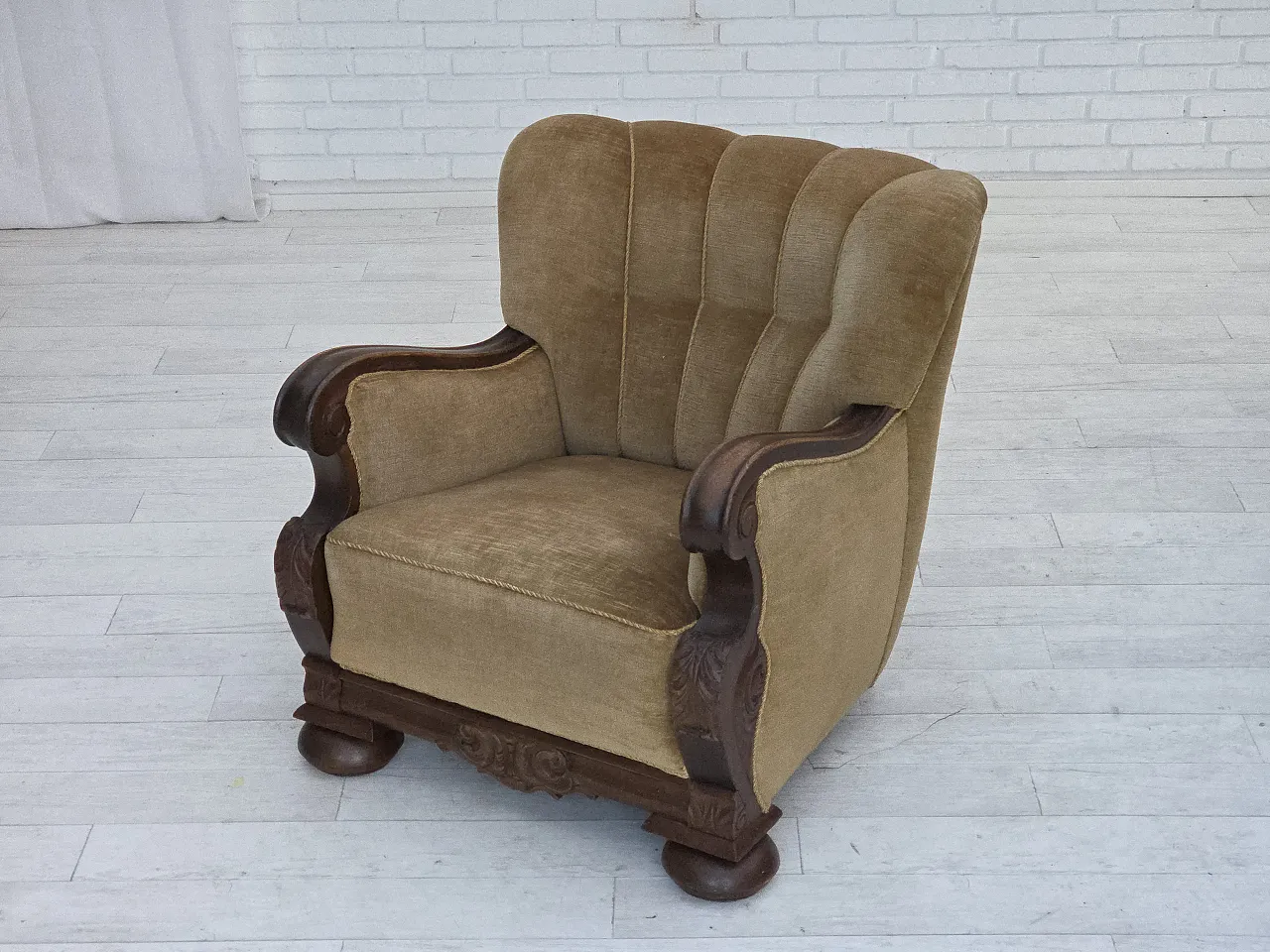 Danish armchair, green velour, carved oak wood, 1960s 16