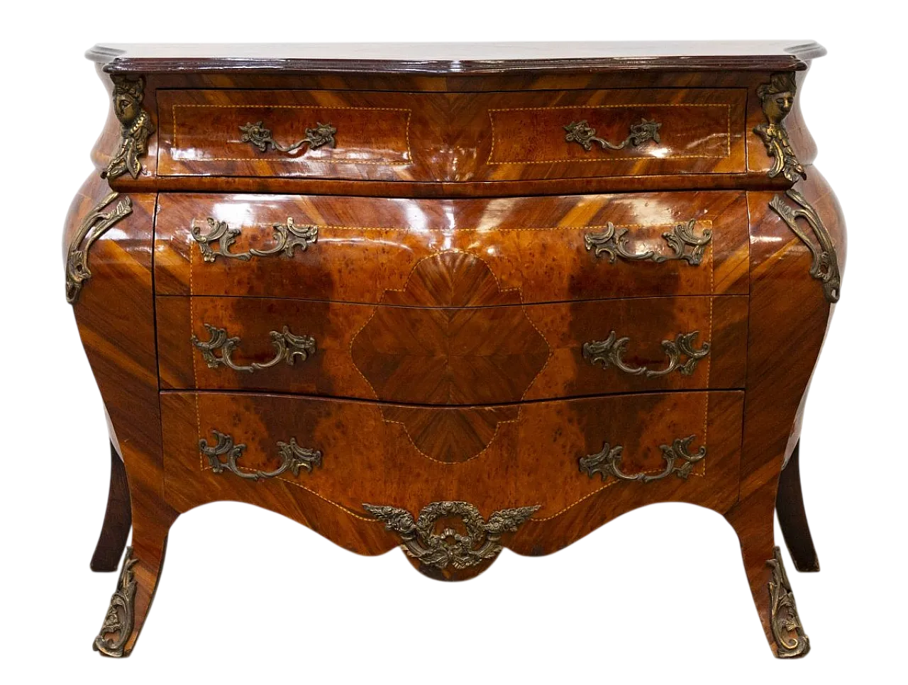 Comò Luigi XV con intarsi di varie essenze lignee, '900 16