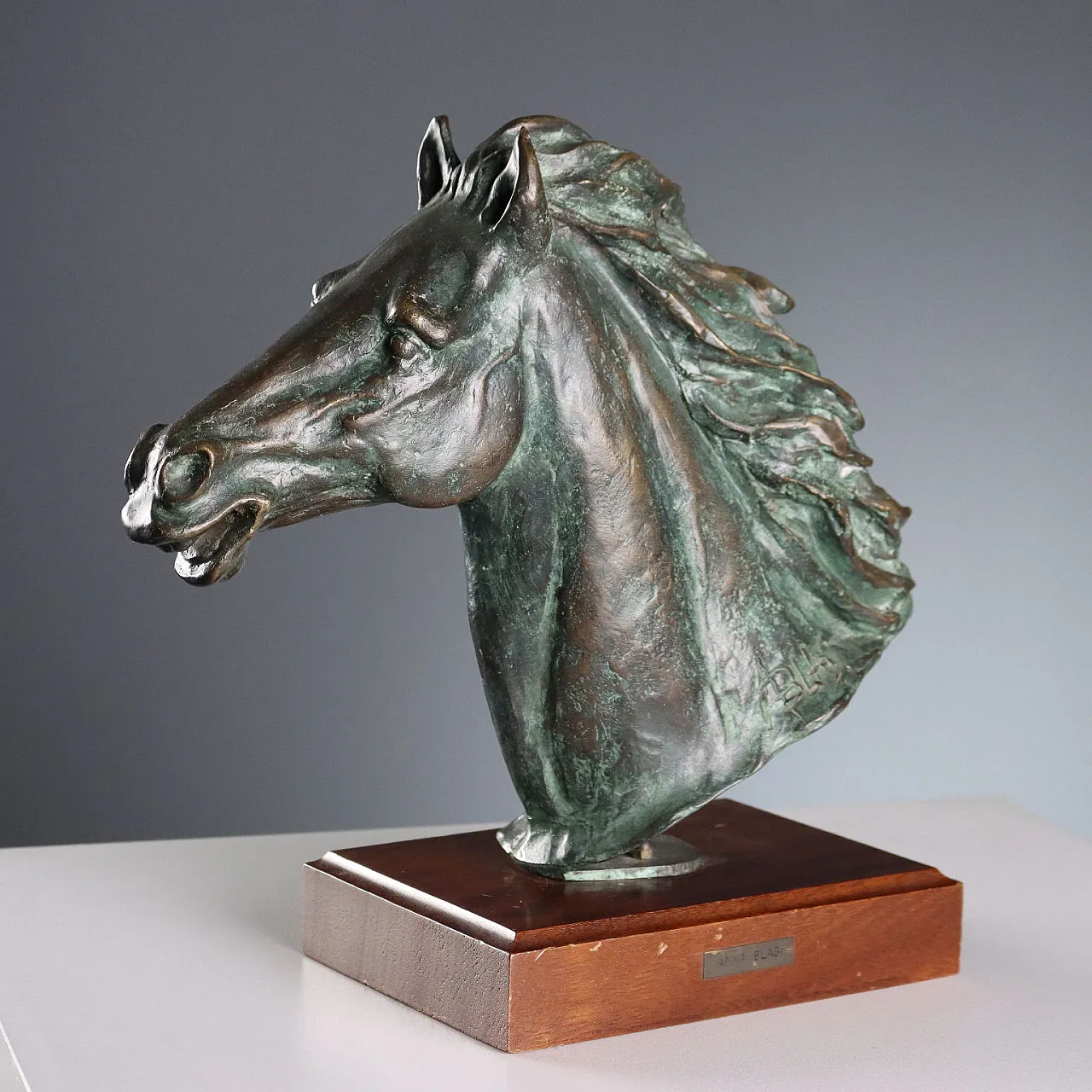 Scultura in bronzo e legno raffigurante testa di cavallo, '900 1