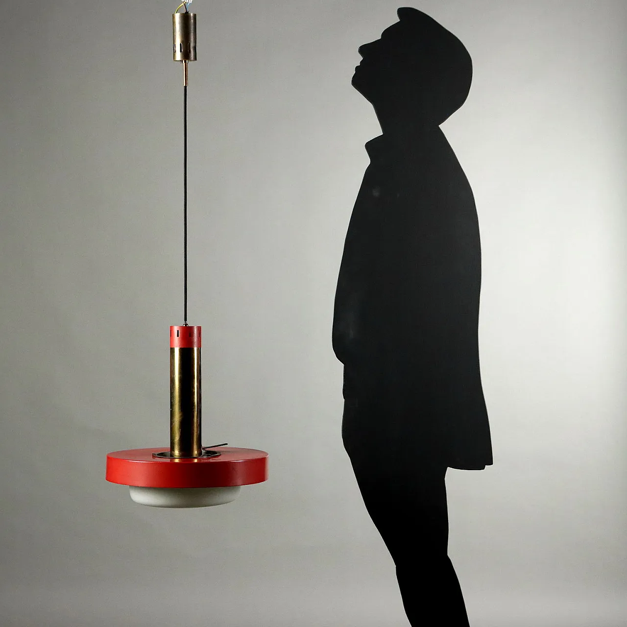 Lampadario in metallo rosso smaltato, ottone e vetro, anni '60 2