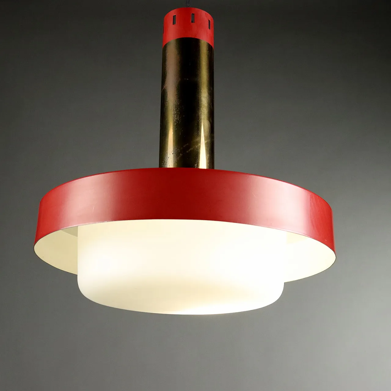 Lampadario in metallo rosso smaltato, ottone e vetro, anni '60 4