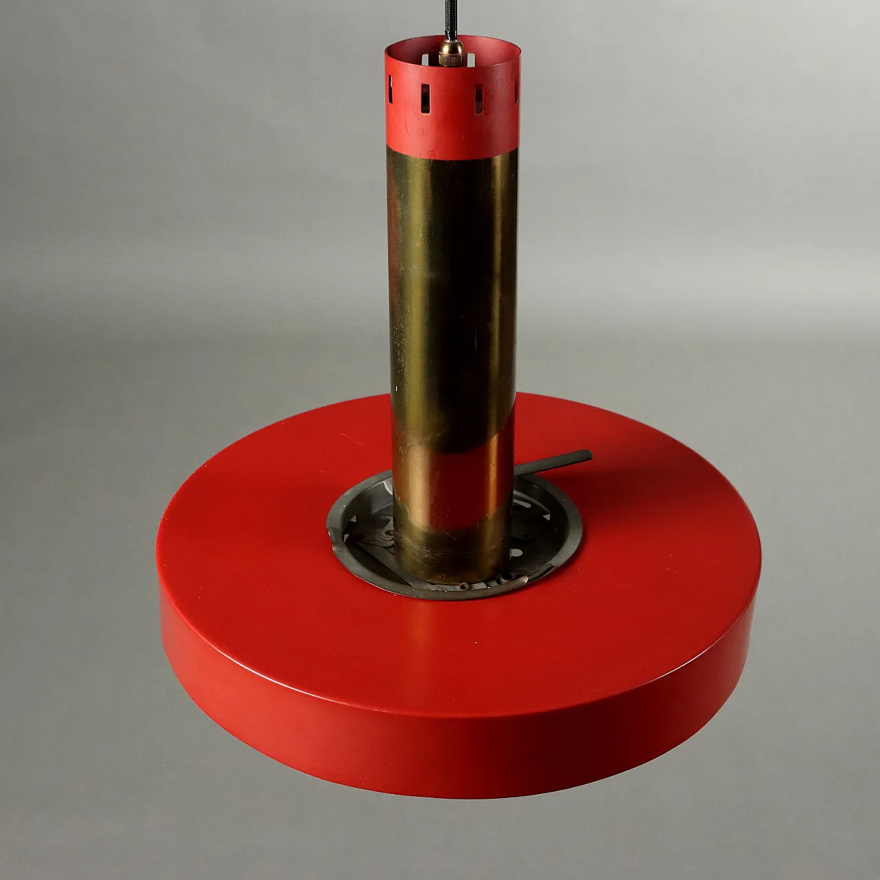 Lampadario in metallo rosso smaltato, ottone e vetro, anni '60 7