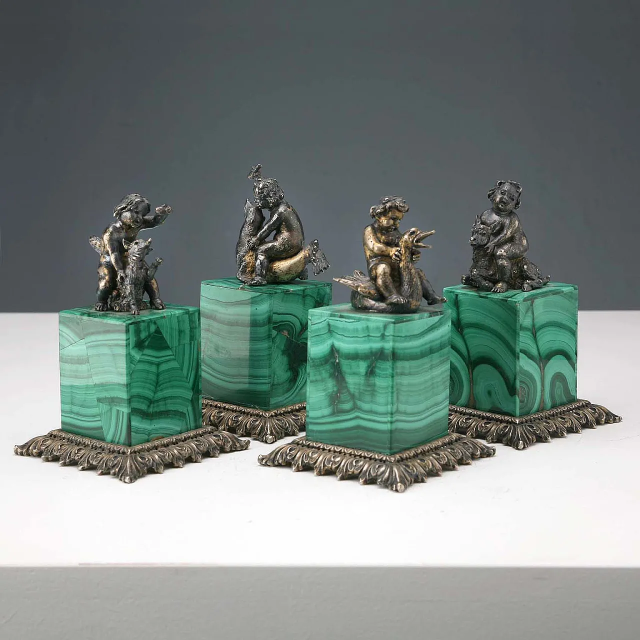4 Silver sculptures, scenes of children with animals, 20th century 1