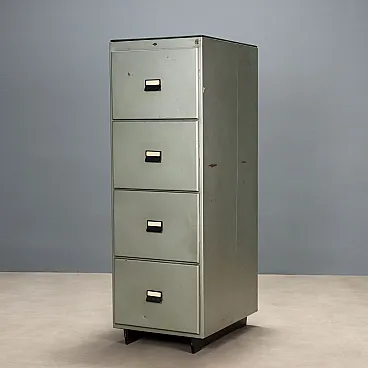 Classificatore in metallo grigio con quattro cassetti, fine '900