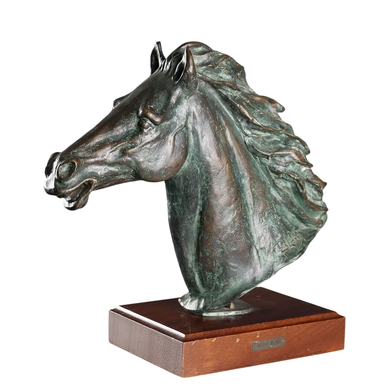 Scultura in bronzo e legno raffigurante testa di cavallo, '900 10