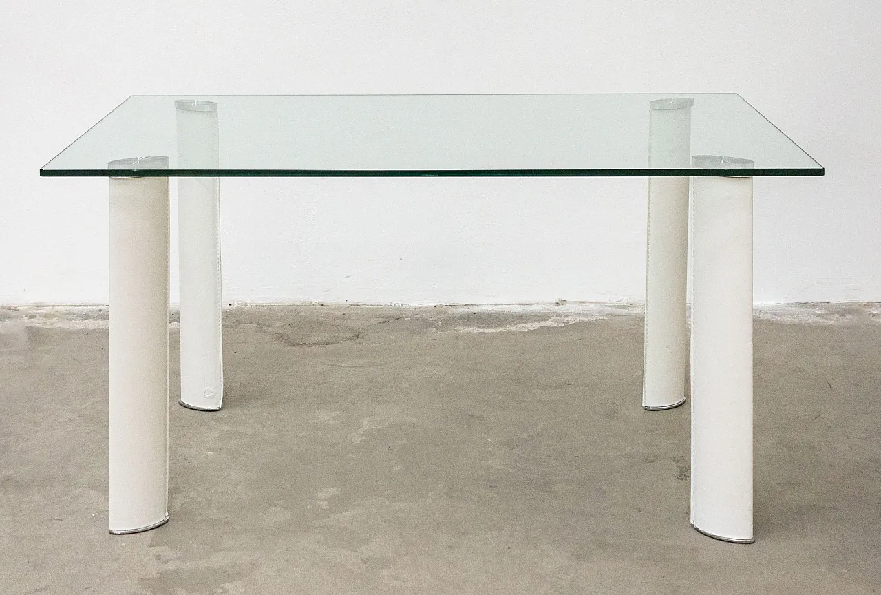 Hardened glass table with leather-covered metal legs, 20th century 1