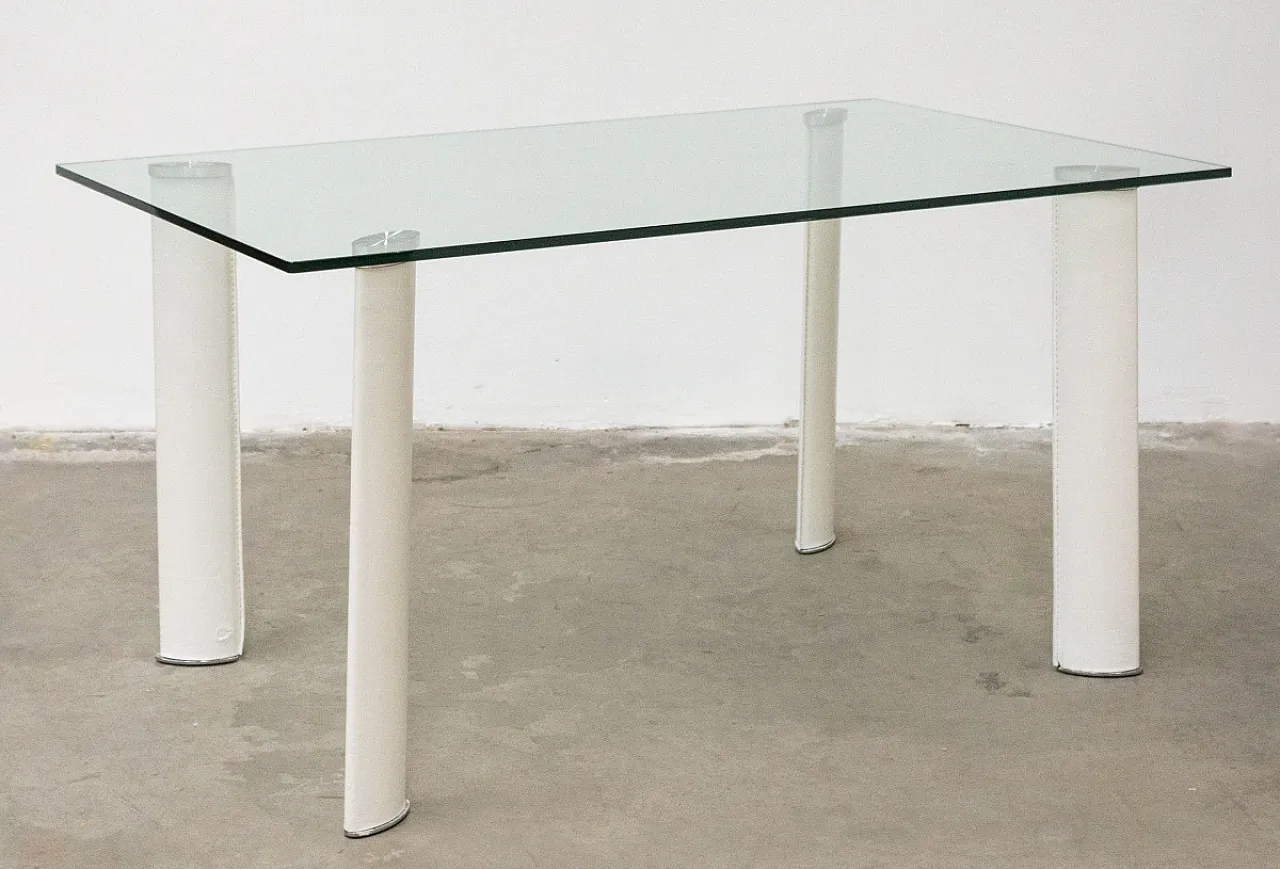 Hardened glass table with leather-covered metal legs, 20th century 2