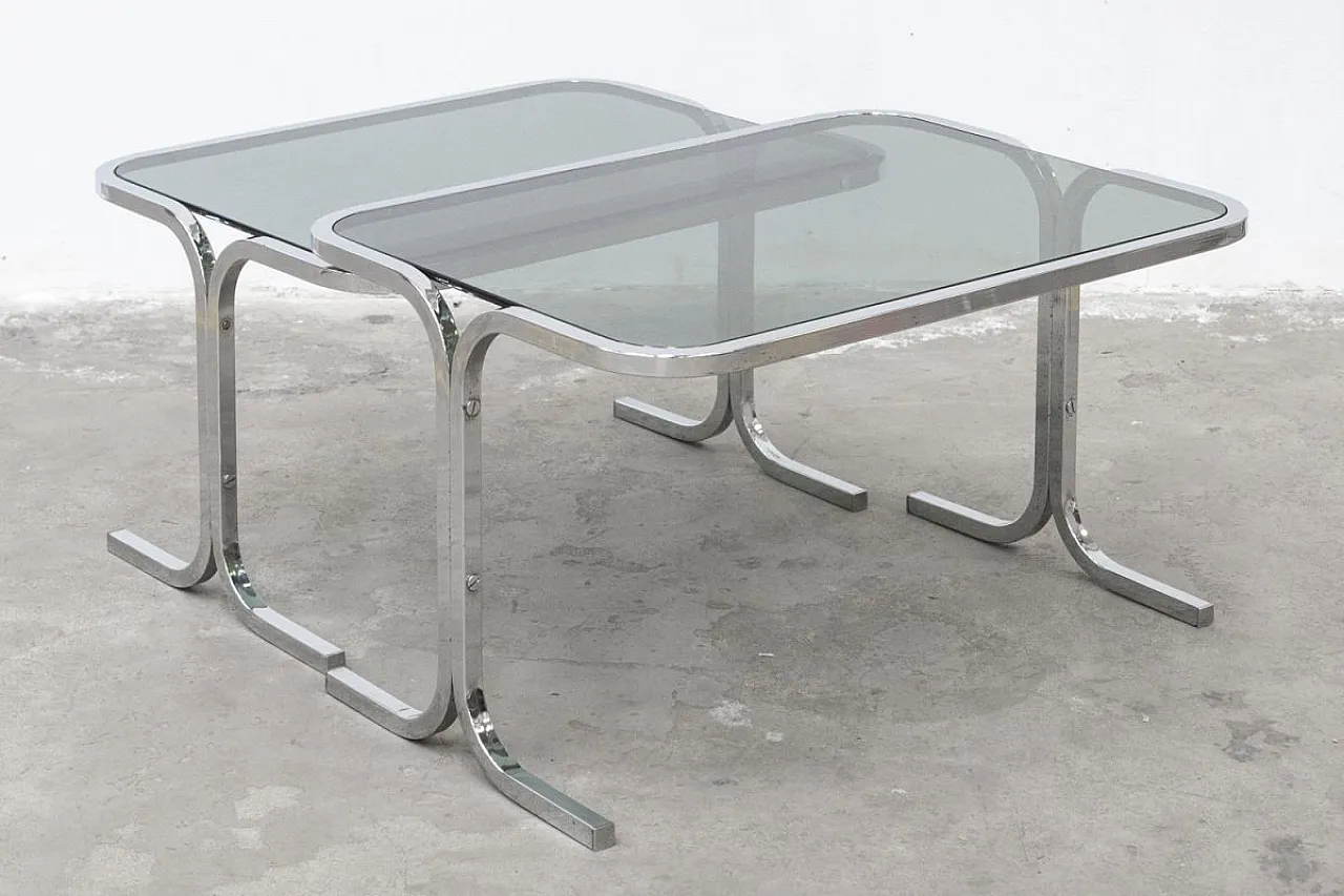 Pair of steel and smoked glass coffee tables, 20th century 2