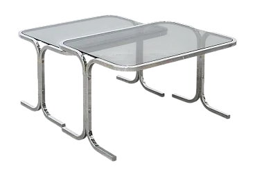 Pair of steel and smoked glass coffee tables, 20th century