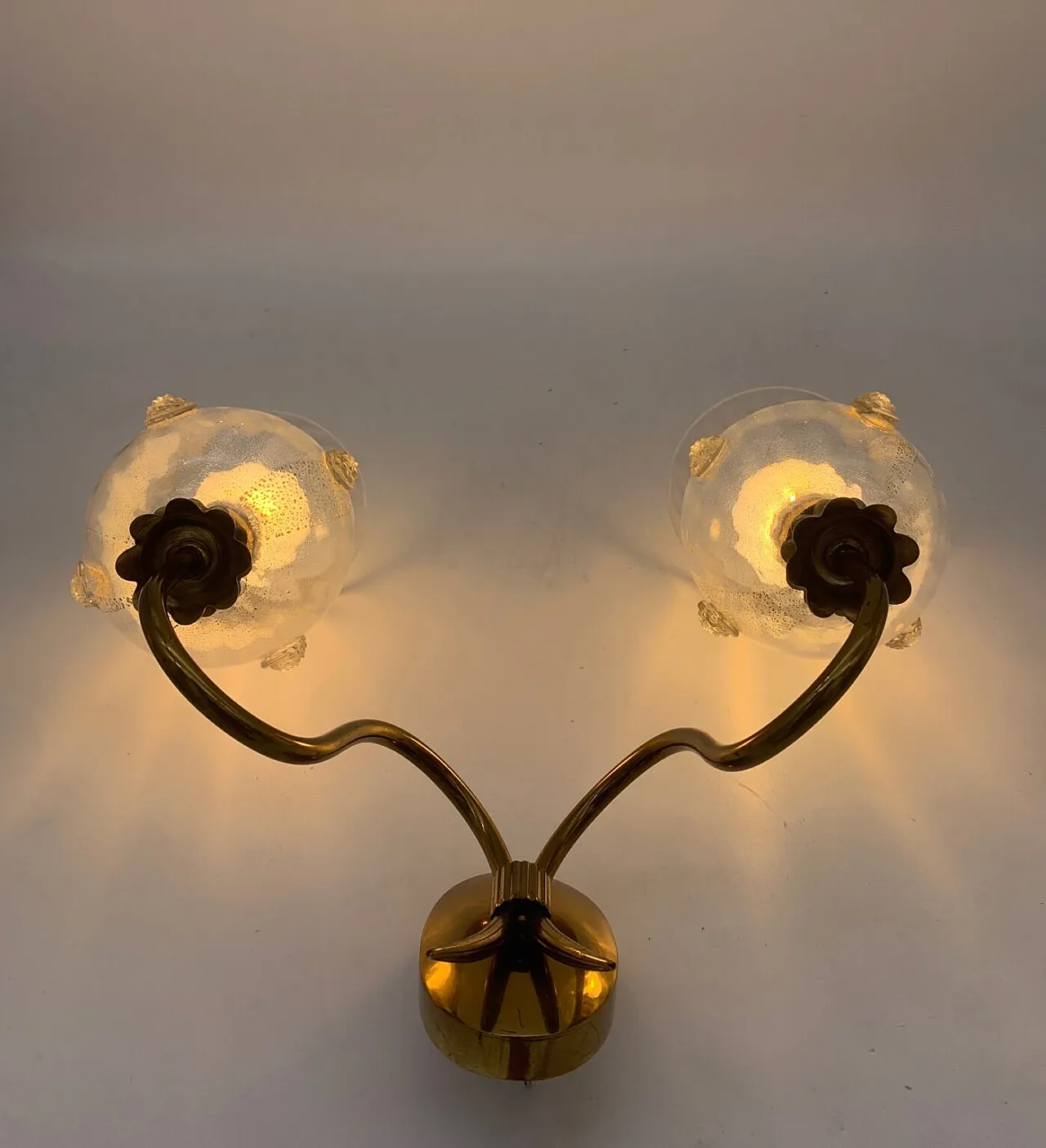 Coppia di applique, ottone e vetro di Murano attribuita a Venini, '900 4