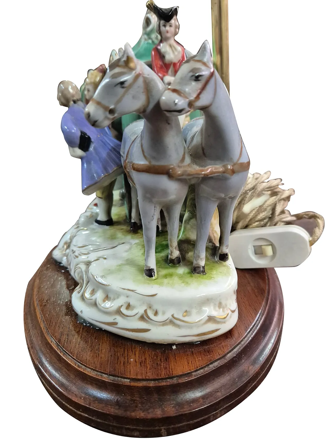 Lampada in porcellana di Capodimonte con scena di carrozza, anni '70 12