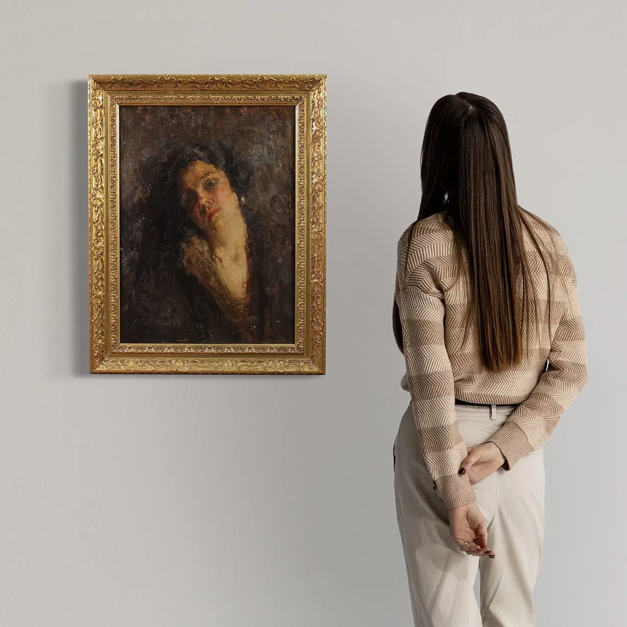 Dipinto italiano impressionista ritratto femminile, '800 2