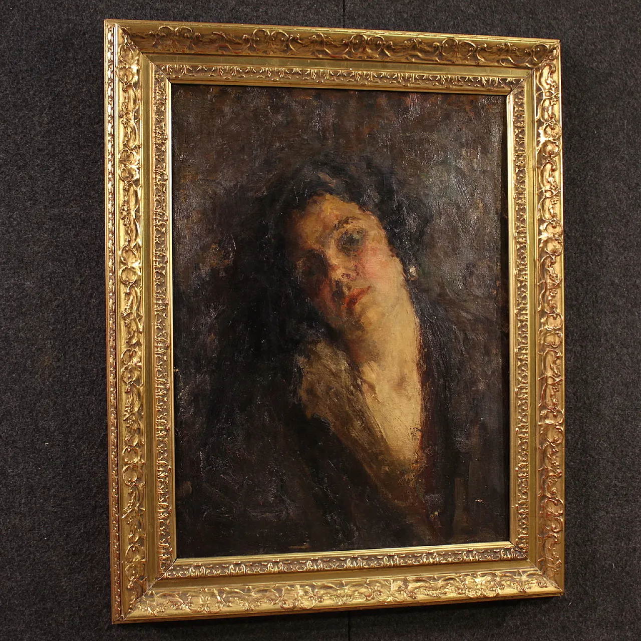 Dipinto italiano impressionista ritratto femminile, '800 14