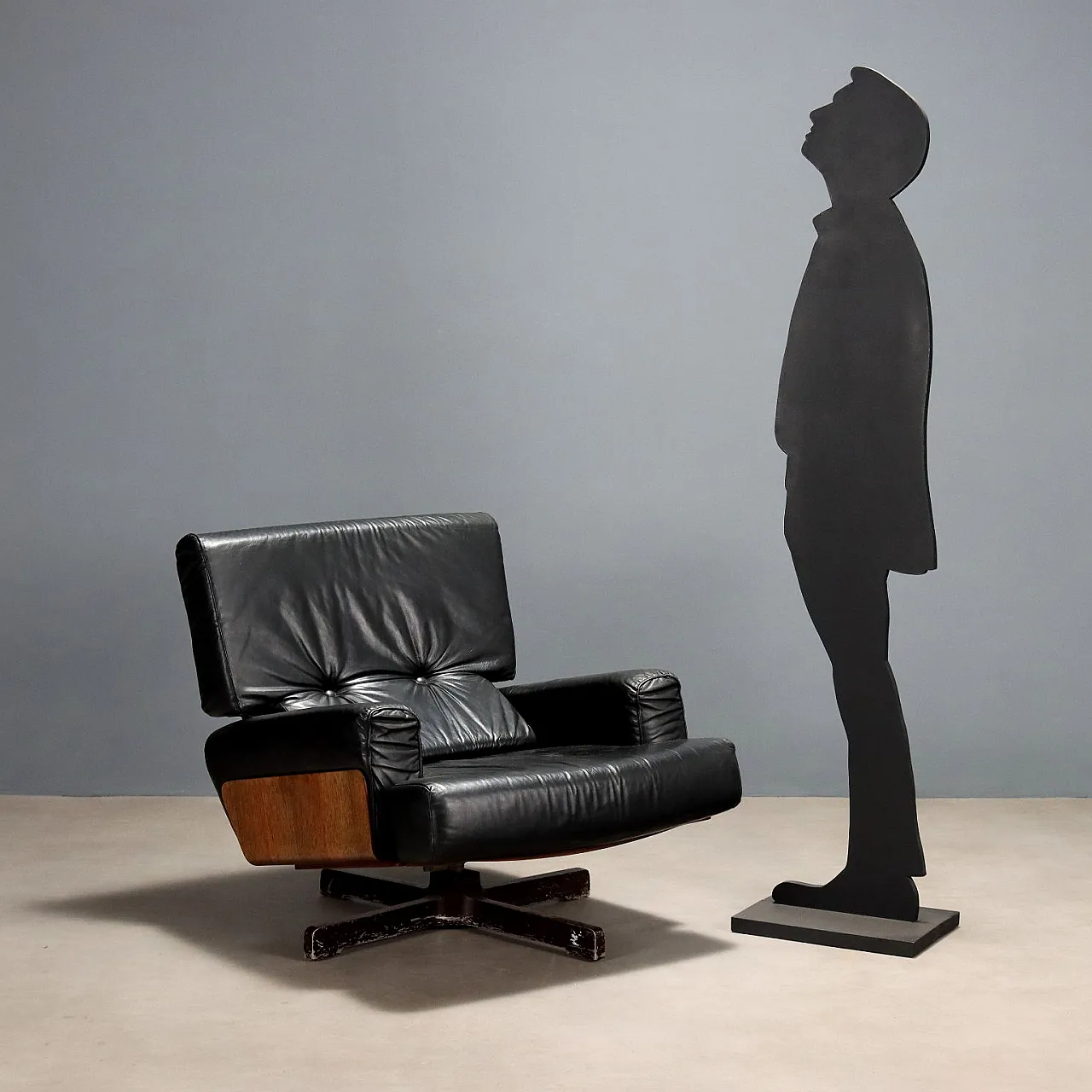 Exotic wood and black leather armchair, metal legs, 20th century 2