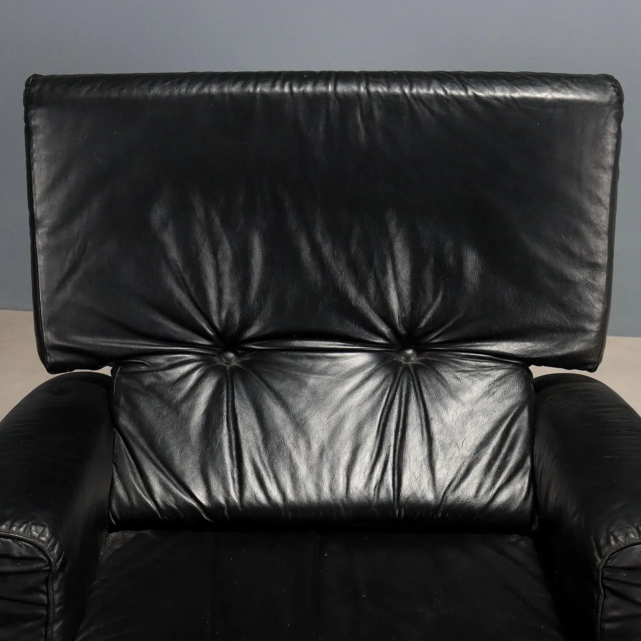 Exotic wood and black leather armchair, metal legs, 20th century 3