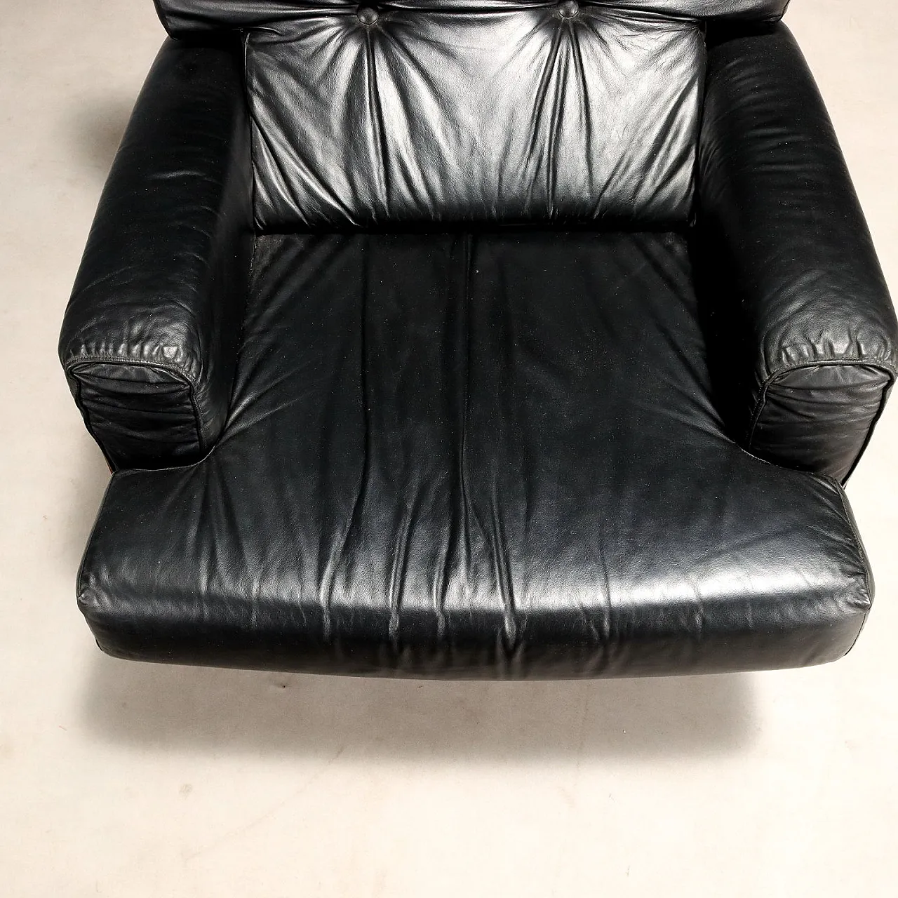 Exotic wood and black leather armchair, metal legs, 20th century 5