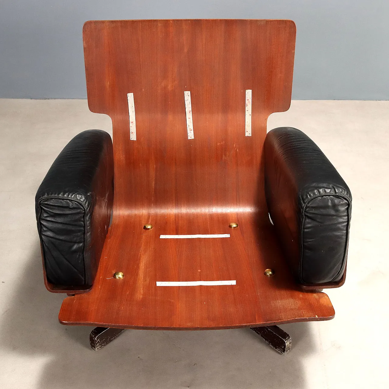 Exotic wood and black leather armchair, metal legs, 20th century 9
