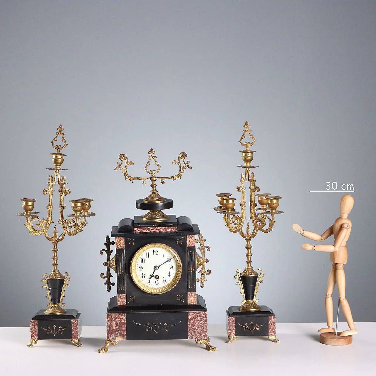 Black marble, breccia, gilded bronze fireplace triptych, 20th century 2