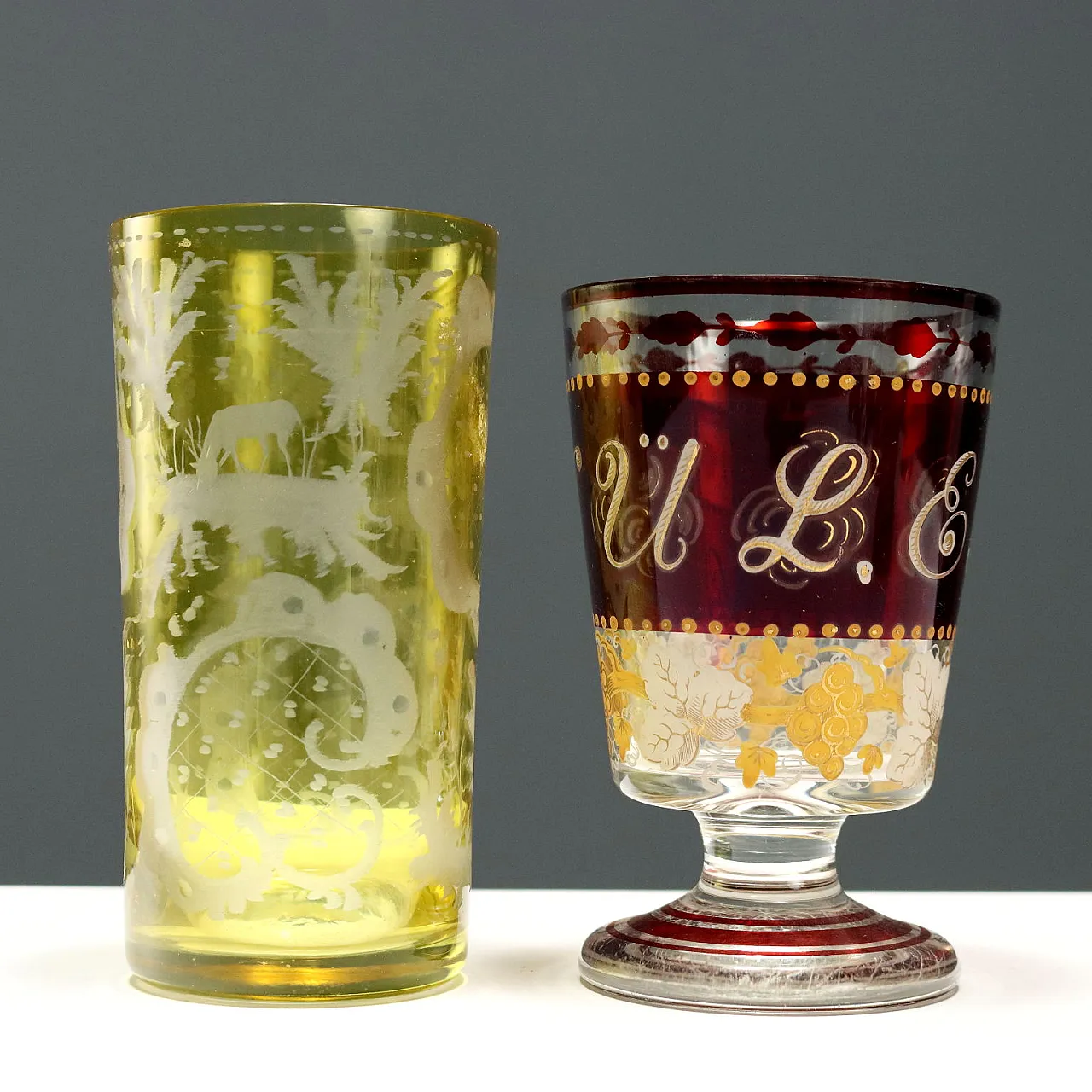 10 Bicchieri in vetro molato, inciso e dipinto, '900 7