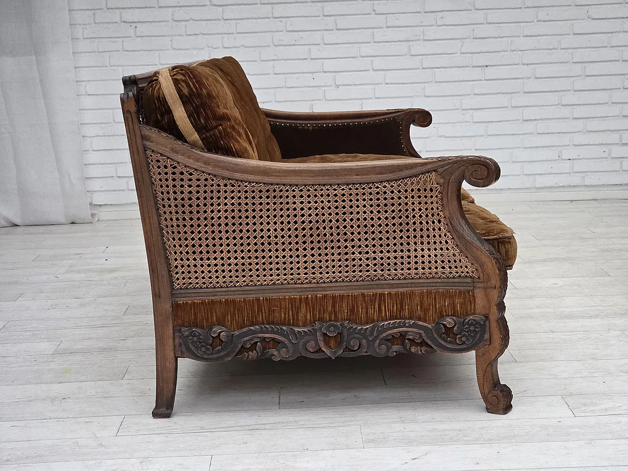 Divano danese a 3 posti in velluto e quercia, anni '40 6