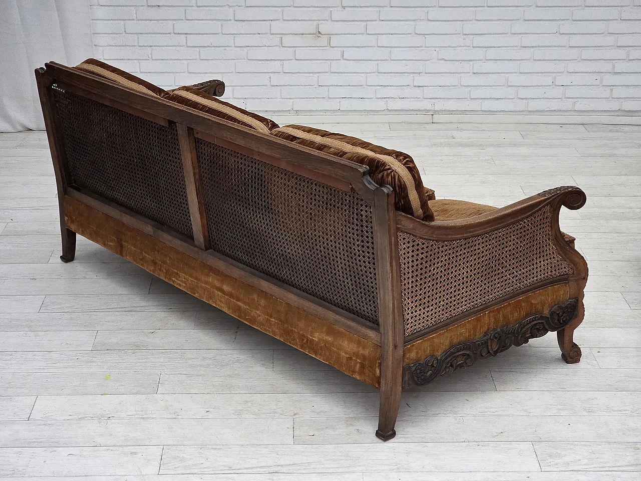 Divano danese a 3 posti in velluto e quercia, anni '40 8