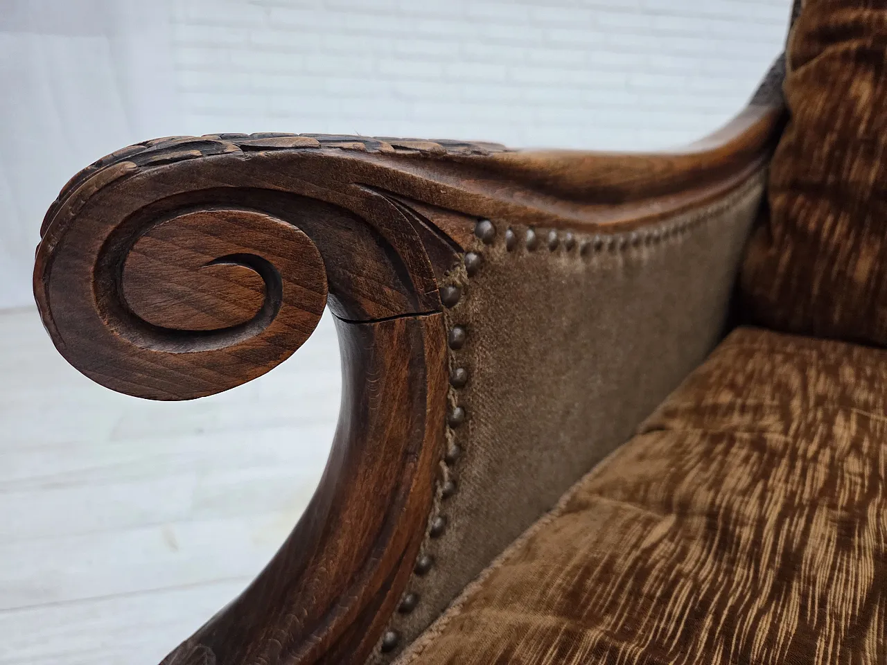 Divano danese a 3 posti in velluto e quercia, anni '40 17