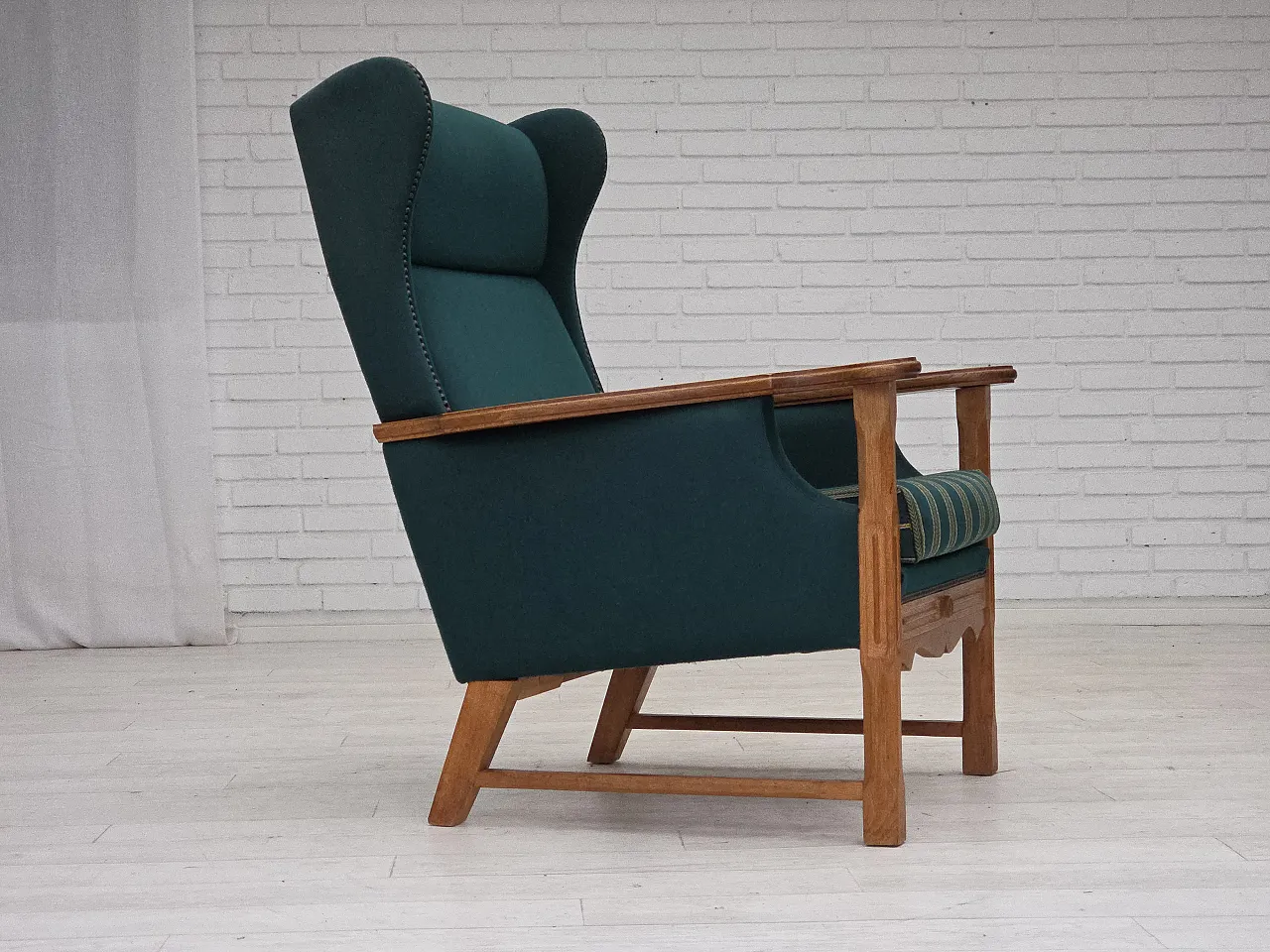 Danish high back armchair wool, solid oak wood, 1970s 1
