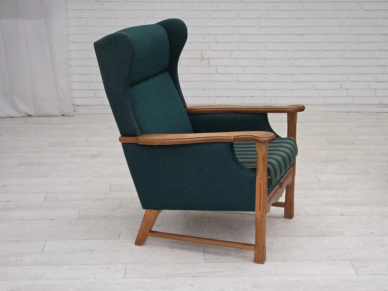 Danish high back armchair wool, solid oak wood, 1970s 2