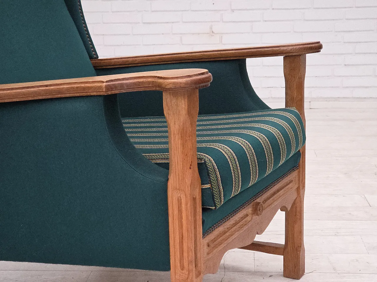Danish high back armchair wool, solid oak wood, 1970s 4