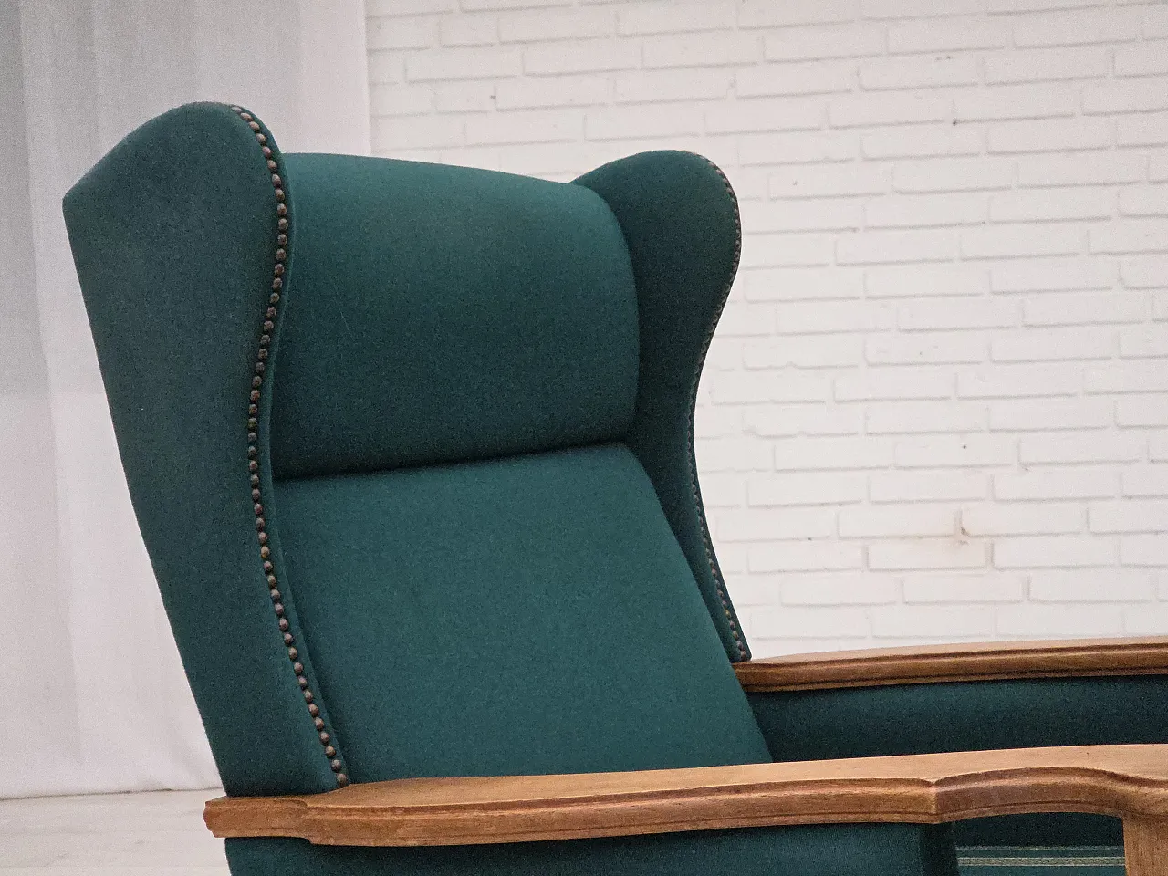 Danish high back armchair wool, solid oak wood, 1970s 5