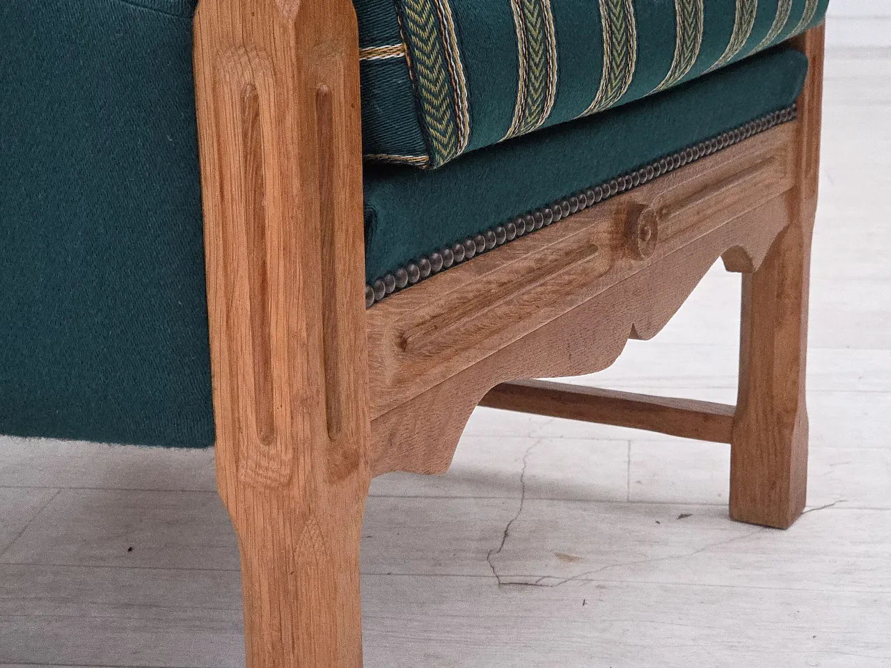 Danish high back armchair wool, solid oak wood, 1970s 6