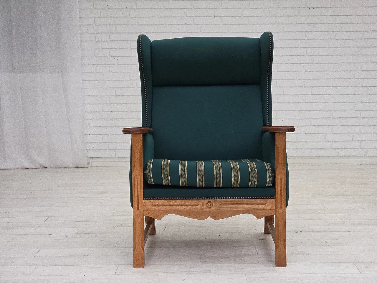 Danish high back armchair wool, solid oak wood, 1970s 7