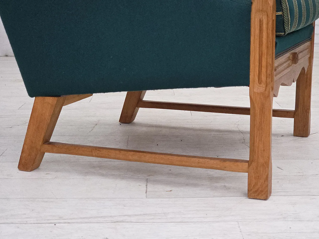 Danish high back armchair wool, solid oak wood, 1970s 9