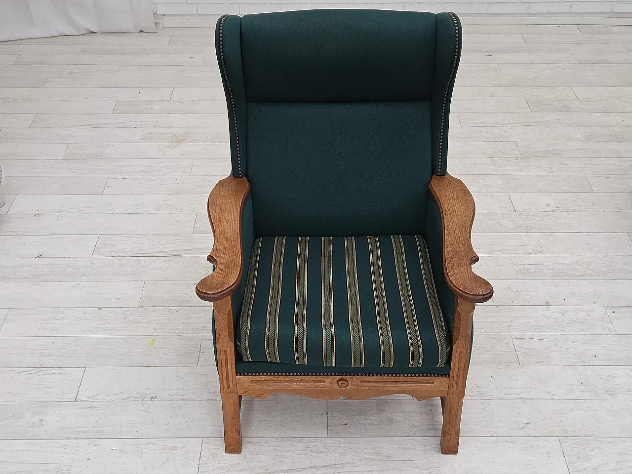 Danish high back armchair wool, solid oak wood, 1970s 10