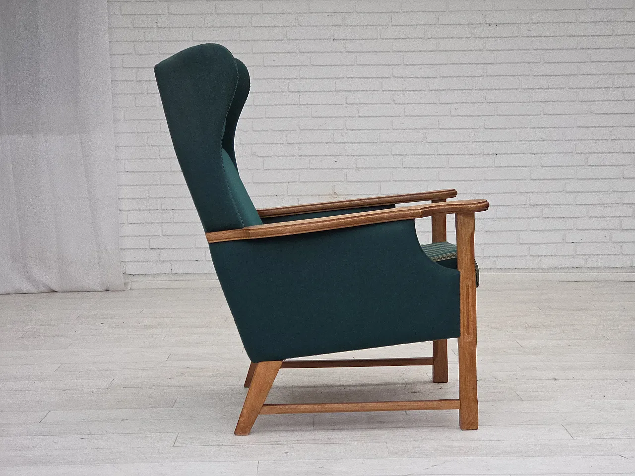 Danish high back armchair wool, solid oak wood, 1970s 11