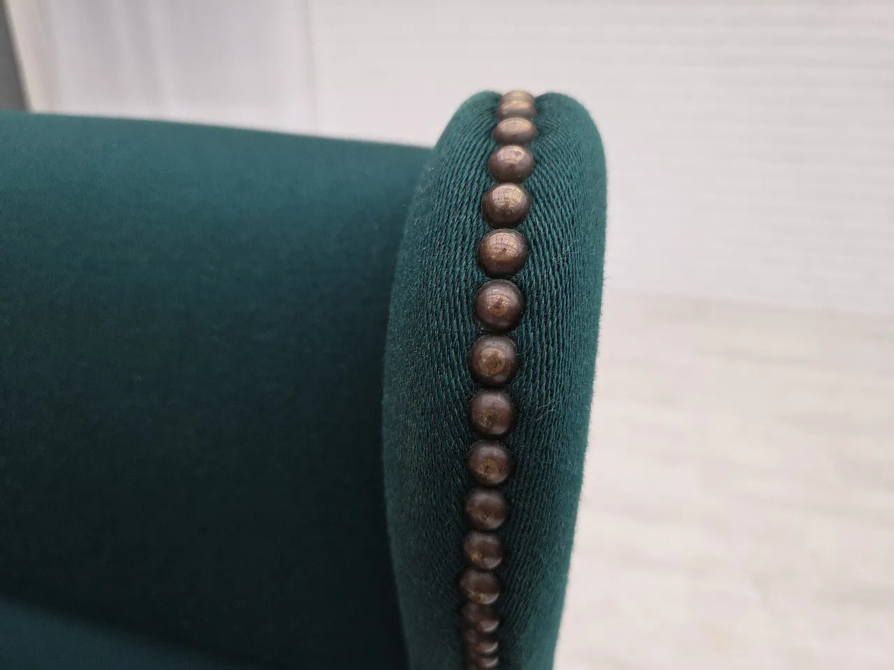 Danish high back armchair wool, solid oak wood, 1970s 12