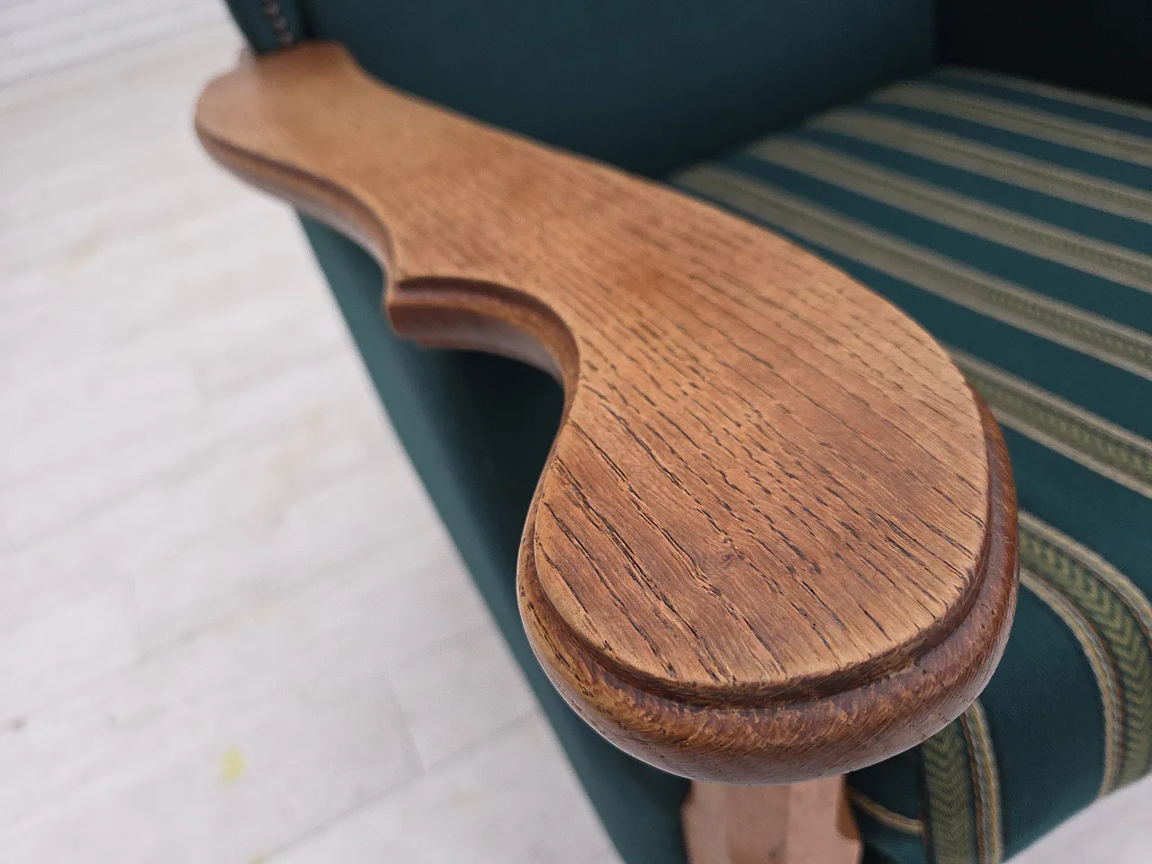 Danish high back armchair wool, solid oak wood, 1970s 13