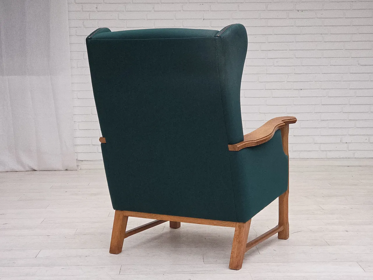 Danish high back armchair wool, solid oak wood, 1970s 14