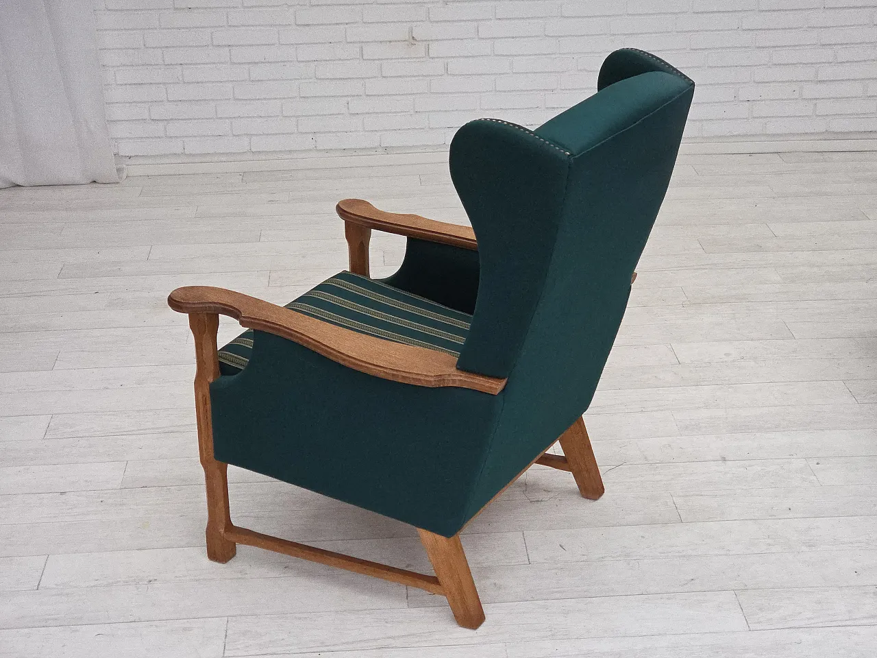 Danish high back armchair wool, solid oak wood, 1970s 16