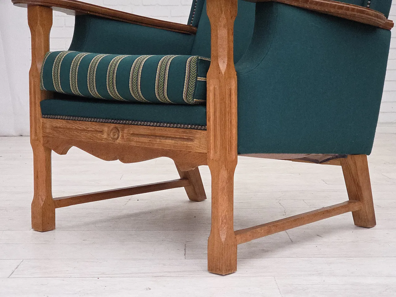 Danish high back armchair wool, solid oak wood, 1970s 18