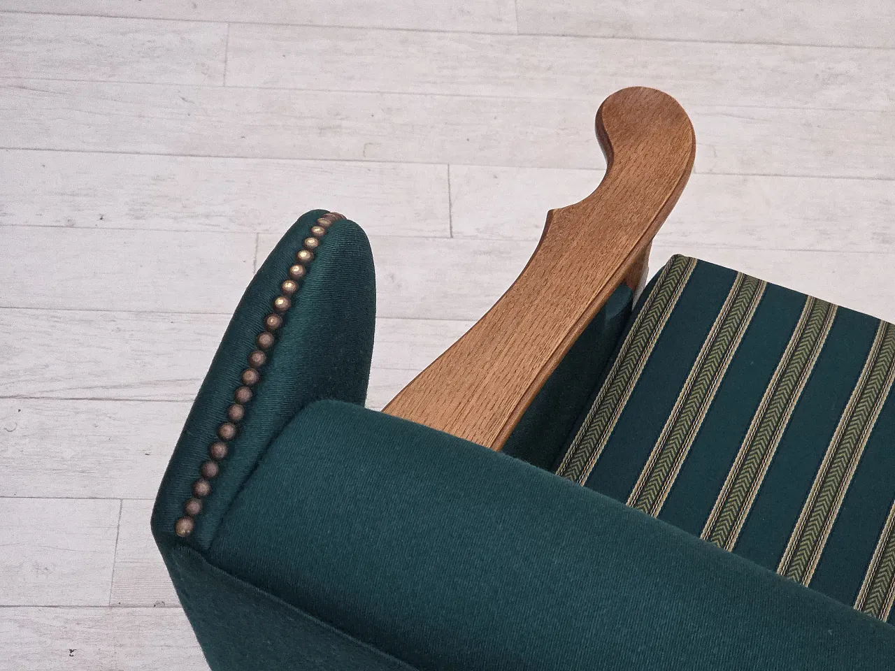 Danish high back armchair wool, solid oak wood, 1970s 20