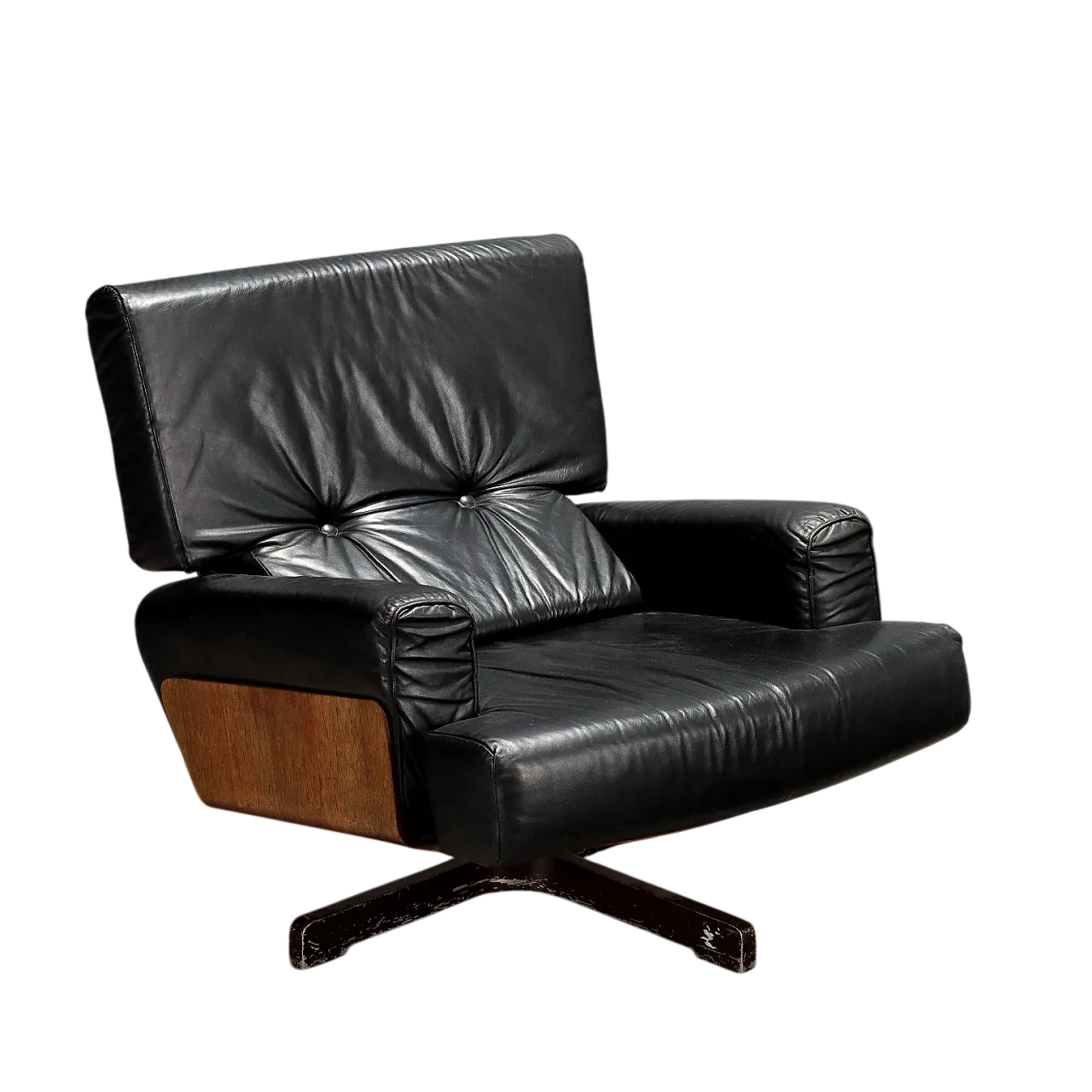 Exotic wood and black leather armchair, metal legs, 20th century 11