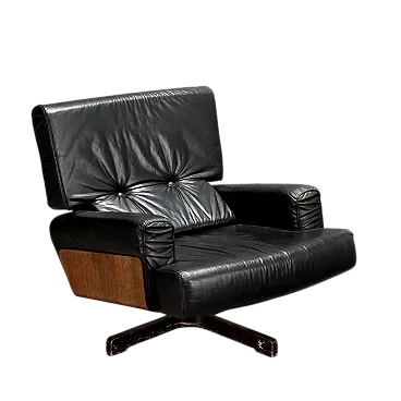 Exotic wood and black leather armchair, metal legs, 20th century