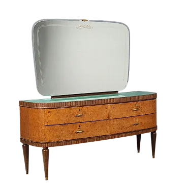 Dresser with mirror, in burl, beech, brass and glass, 20th century