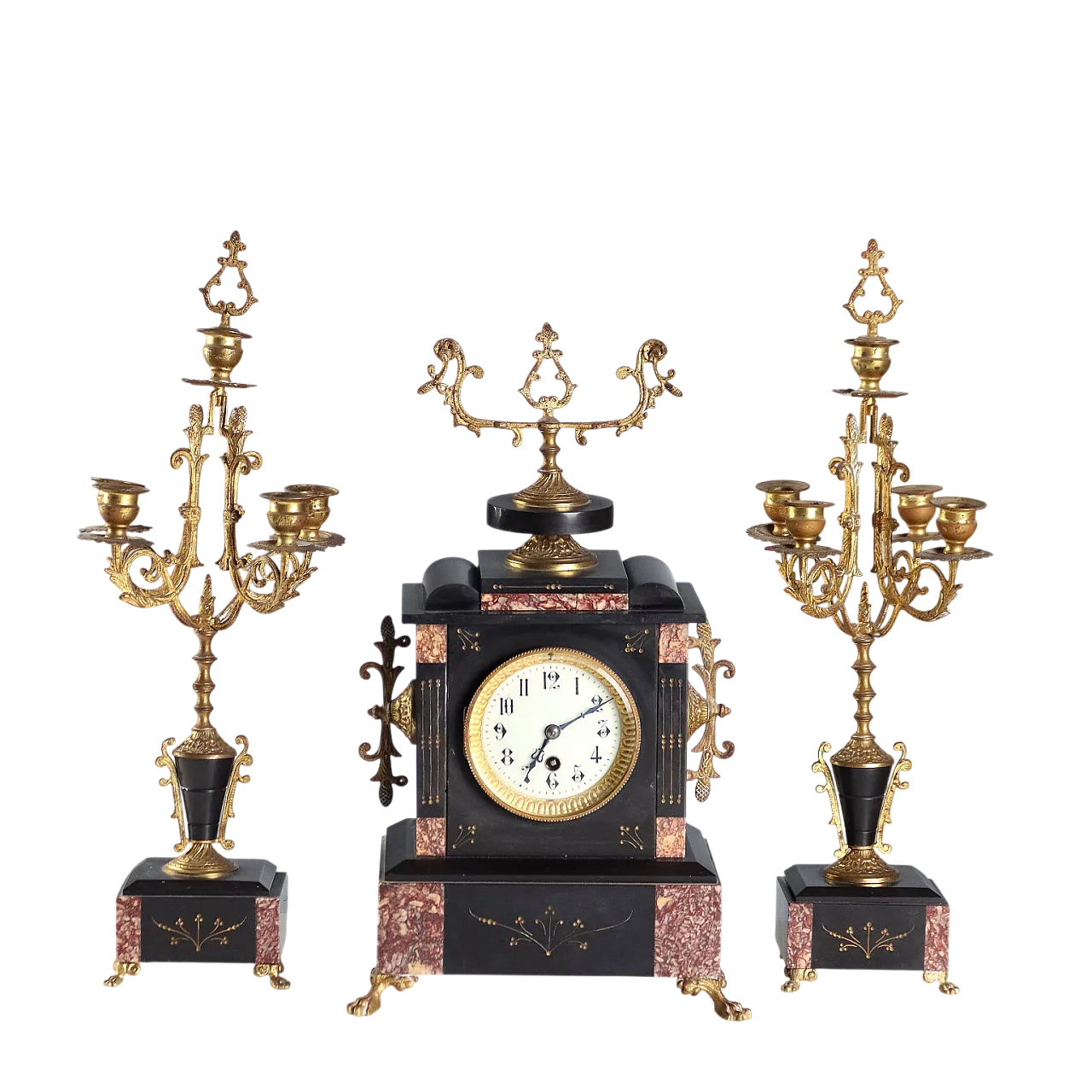 Black marble, breccia, gilded bronze fireplace triptych, 20th century 11