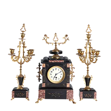 Black marble, breccia, gilded bronze fireplace triptych, 20th century